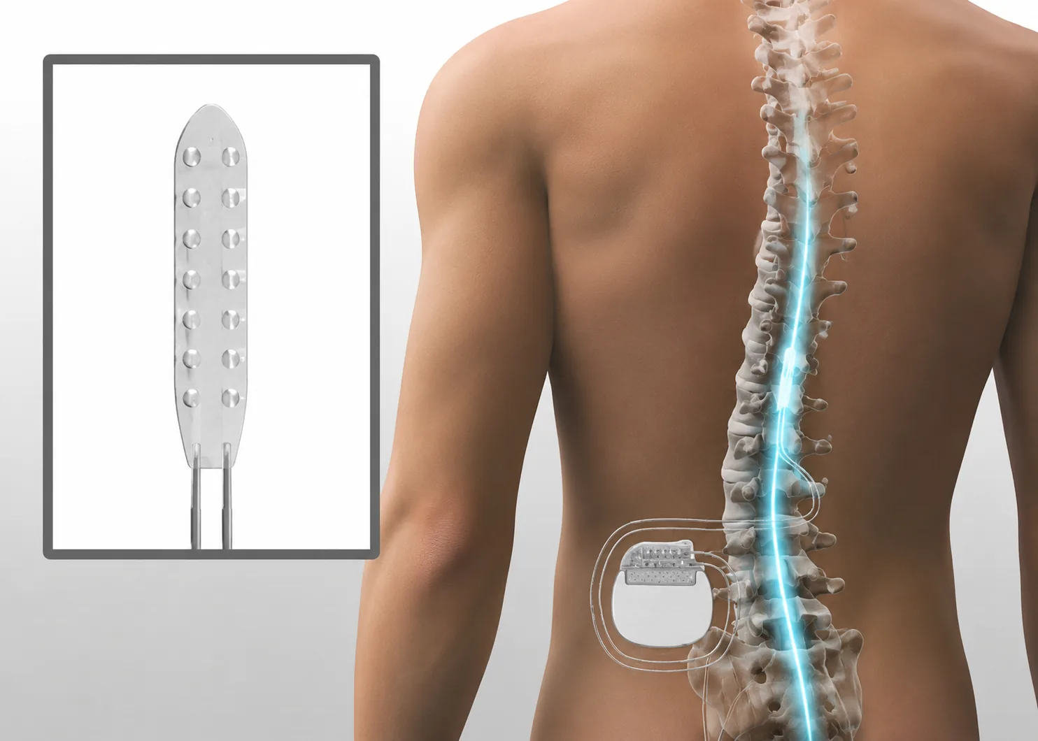 Ilustração de coluna vertebral com estimulador medular implantado