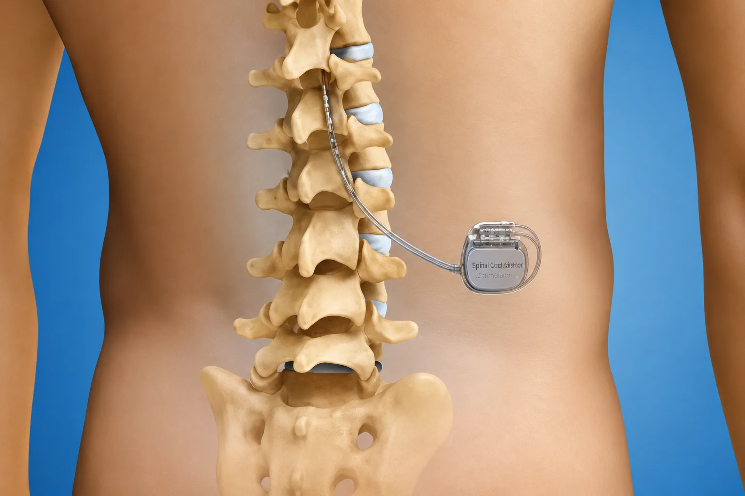 Ilustração de estimulador implantado na coluna para neuromodulação